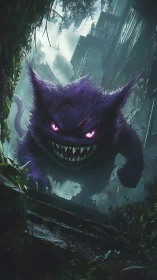 Digital painting of feral neon-eyed cat in ruined cityscape.