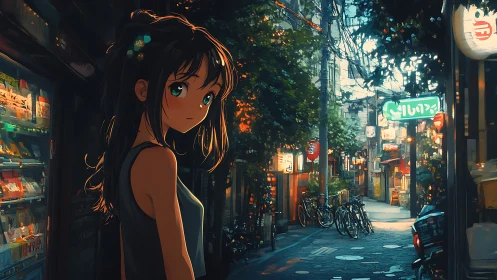 Lanternlit alley pause with soft eyed anime wanderer.
