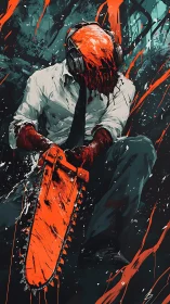 Chainsaw-headed figure seated in dynamic splatter composition