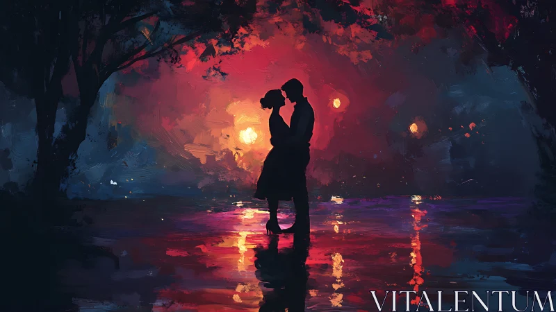 Silhouetted Couple Kissing in Luminous Sunset Reflection.