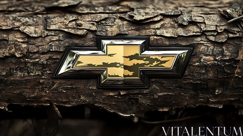 Metallic bowtie emblem with gold camouflage on barked log