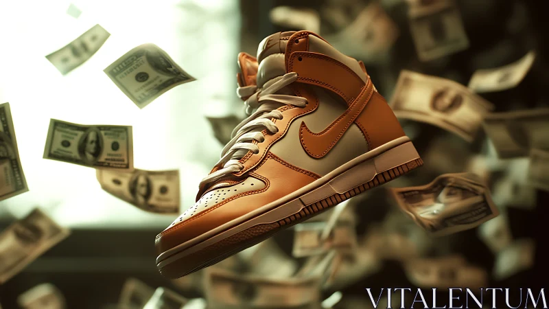 Golden high-top sneaker floats amid flying cash bills.