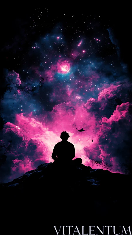 Stargazing silhouette drinks in a neon storm of cosmic clouds