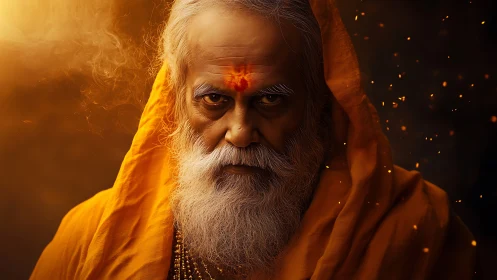 Mystic elder portrait in ember-lit saffron drapery focus.