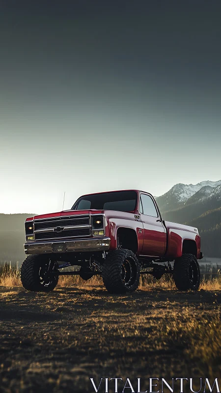 Lifted red classic pickup dominates moody alpine landscape.