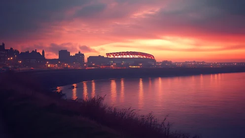 Stadium skyline over river under vivid sunset glow.