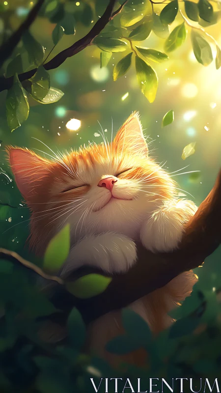 Golden-furred Cat Resting on Branch Amid Luminescent Foliage.