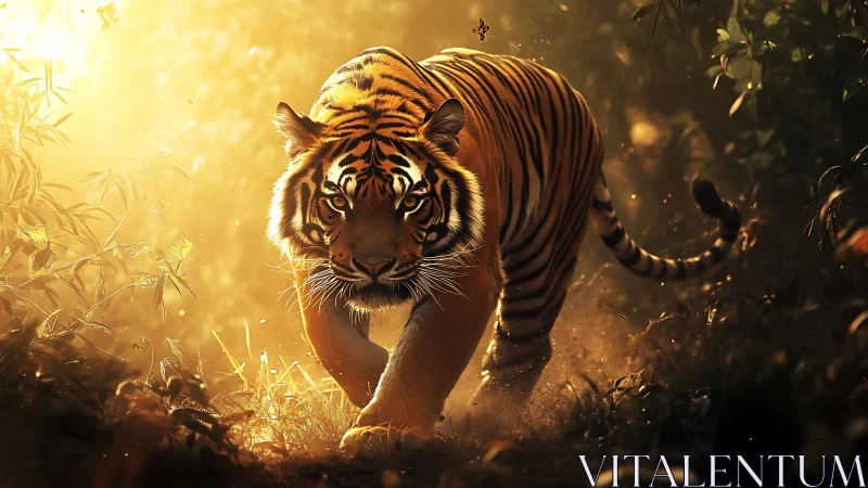 Sun-forged jungle tiger stalking through molten dusk light.