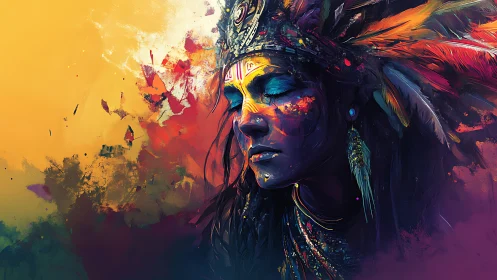 Portrait of feathered figure with closed eyes in vivid color