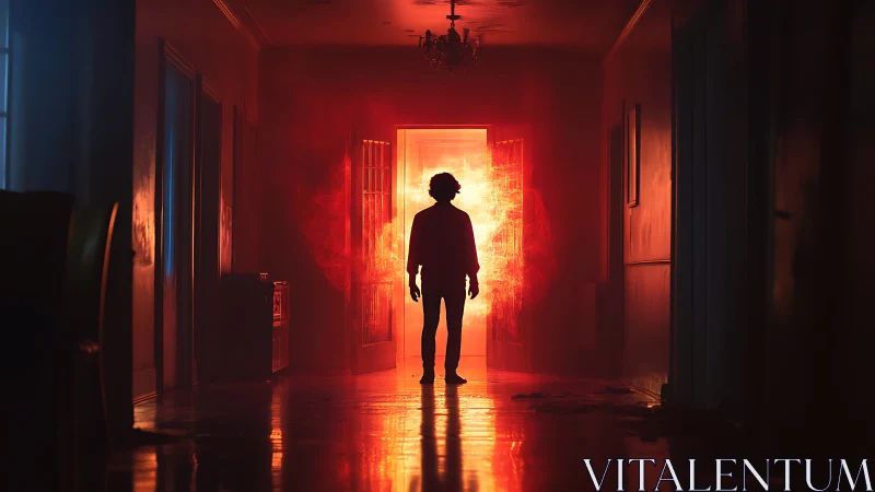 Silhouetted figure in hallway before red luminous doorway.