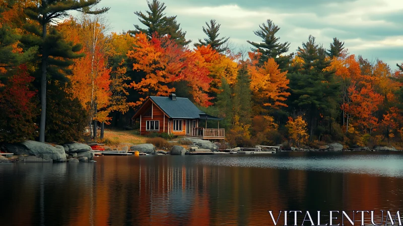Lakeside log cabin sits among dense autumn forest reflections
