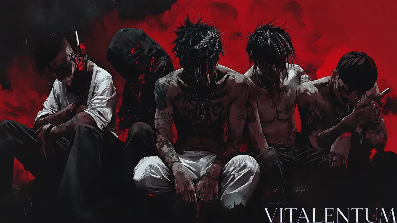 Brooding cyberpunk gang amid red smoke and darkness.