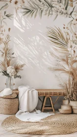 Soft sunlit corner wrapped in dried florals and woven calm.