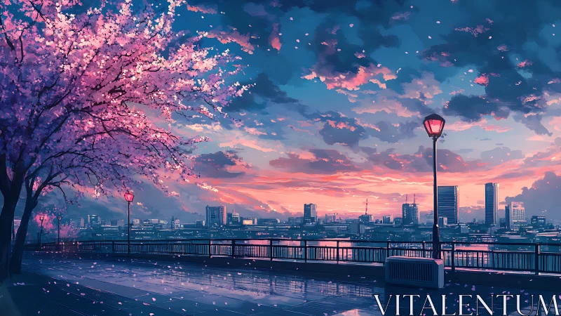 Twilight city promenade under cherry blossom sky at dusk.