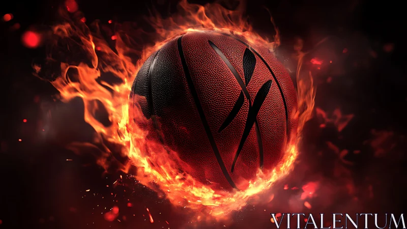 Blazing basketball spins through fire with intense game energy