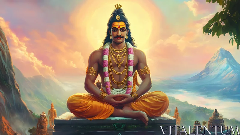 Seated figure in lotus pose is centered before mountain landscape