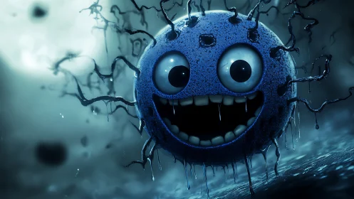 Grotesque blue virus mascot in cinematic wet environment.