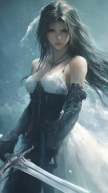 Storm-born warrior woman steadies her blade in soft light