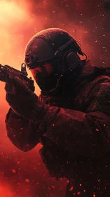 Tactical soldier advances through blazing red battlefield.