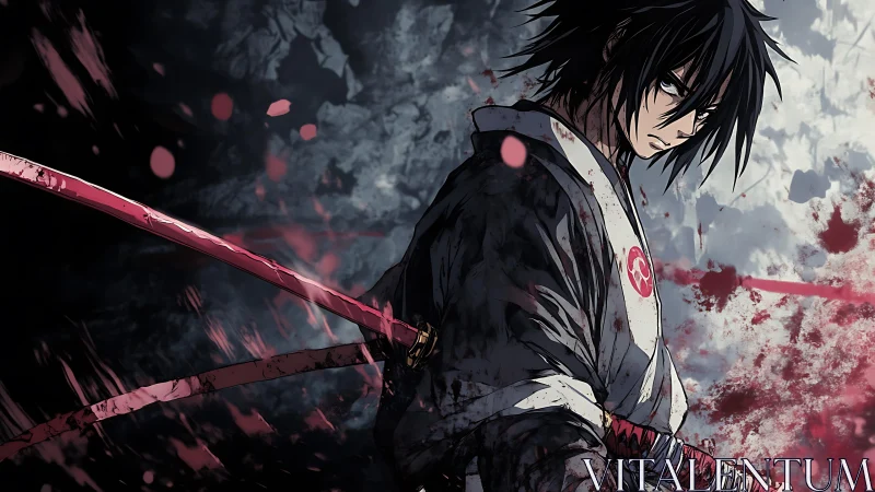 Samurai figure with dual swords in bloodstained garment.