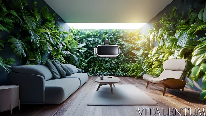 Biophilic smart lounge with suspended immersive display system.