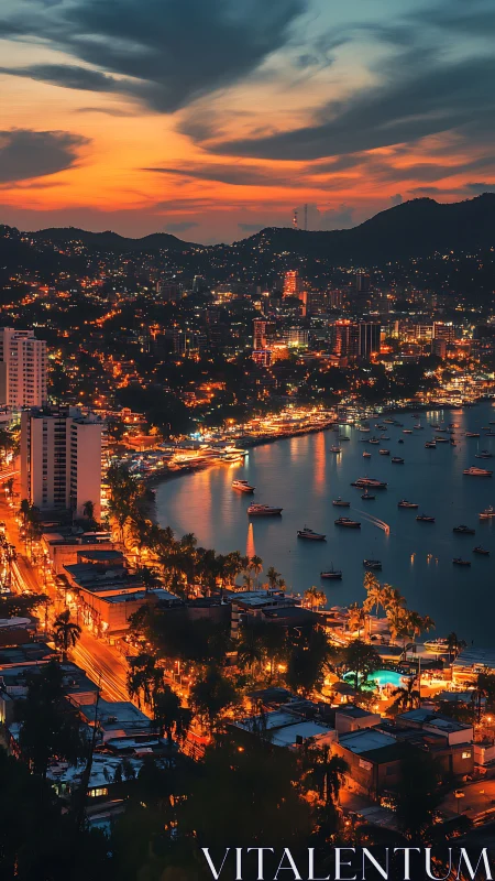 Coastal city bay at dusk with lit streets and skyline.