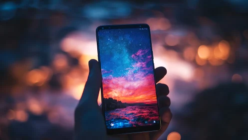 Silhouetted Hand Displaying Vivid Computational Gradient Landscape on Mobile Display.