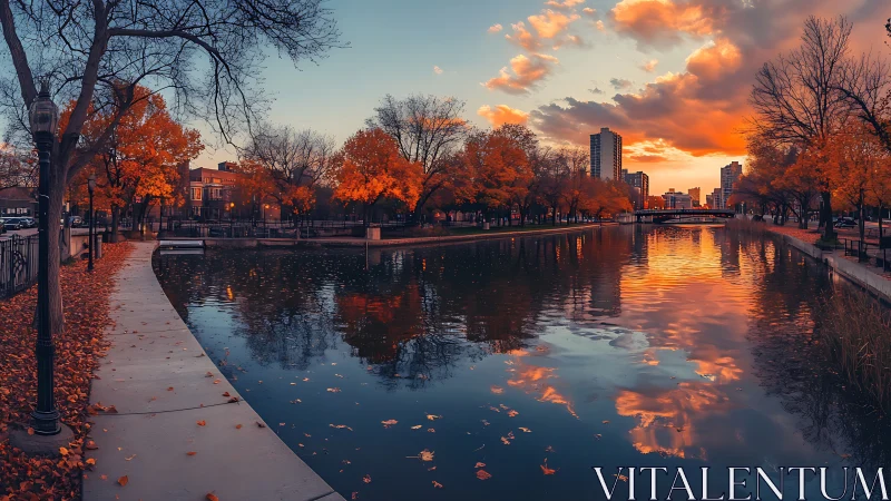 Urban canal sunset dressed in ember-bright autumn calm.