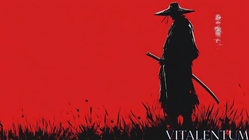 Lone ronin silhouette carving silence in a crimson horizon.