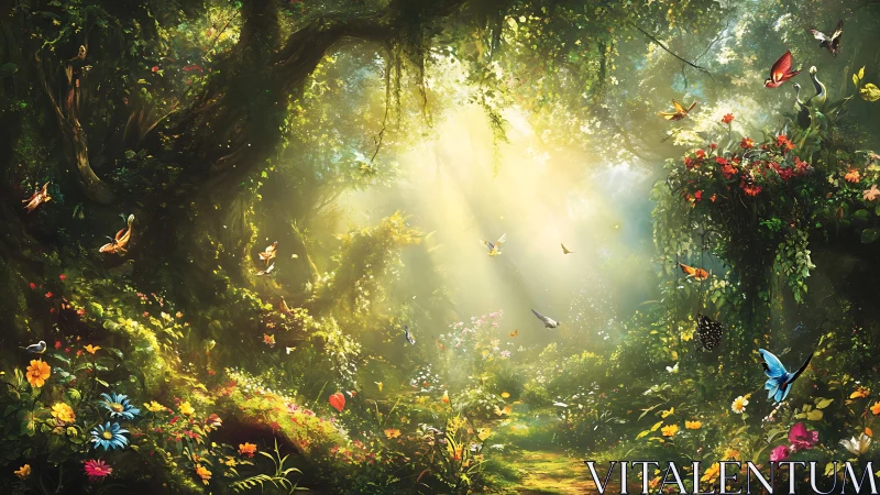 Sunlit forest glade where butterflies turn light to music.