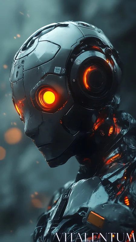 Cybernetic android portrait with glowing amber optics.