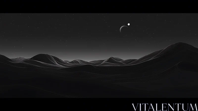 Quiet alien dunes under a gentle twin-moon night sky.