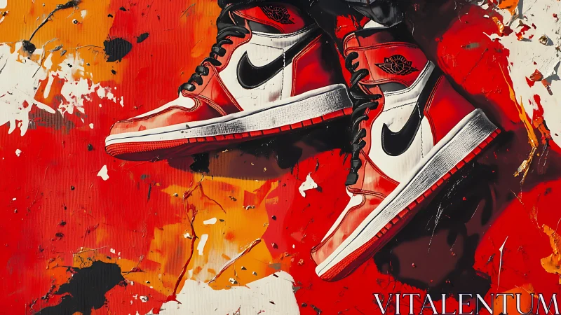 Scarlet sneakers slam dunk across molten paint-splashed space