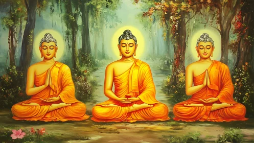 Three seated Buddha figures aligned in forest landscape