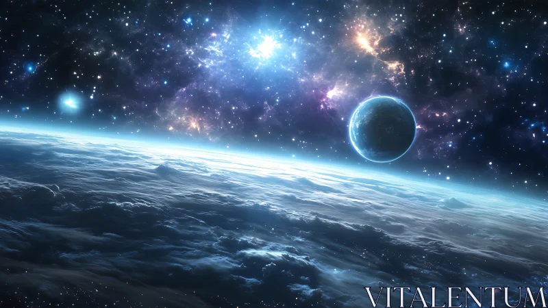 Gentle blue planet rising over a dreamy cosmic horizon.