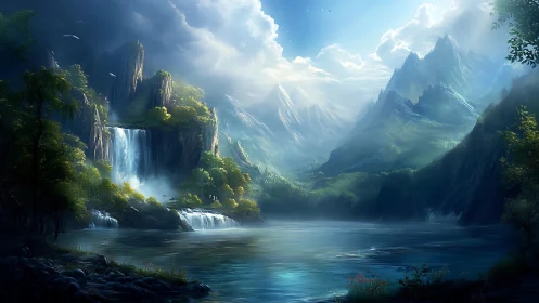 Mountain lake landscape with waterfalls under bright sky.