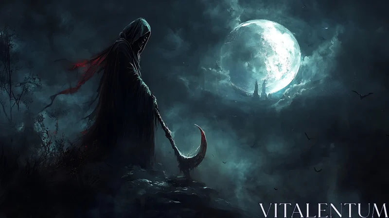 Hooded reaper figure with scythe under large full moon.