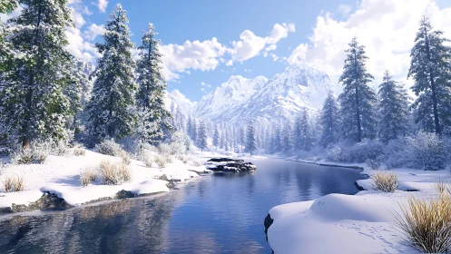 Snow covered conifer forest surrounds a reflective river