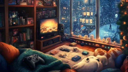 Cozy gaming room overlooks snowy city through large window
