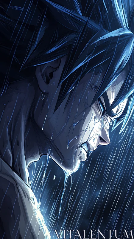 Determined anime warrior stands in heavy night rain.