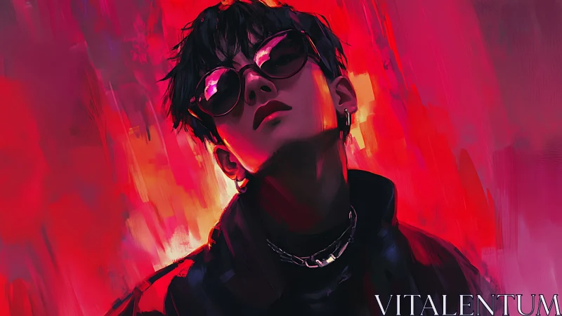 Neon backlit youth portrait in magenta red digital brushwork