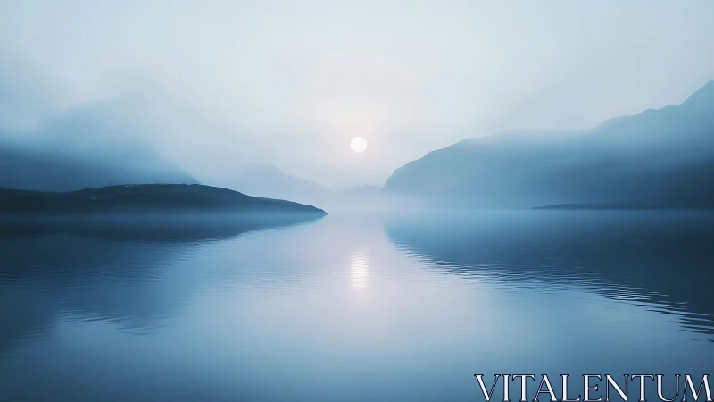 Minimalist misty fjord at sunrise rendered in soft blue gradients