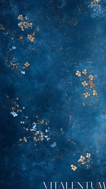 Blue textured background with sparse gold floral accents.