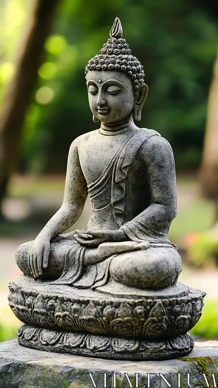 Stone Buddha statue sits in meditative pose on carved base