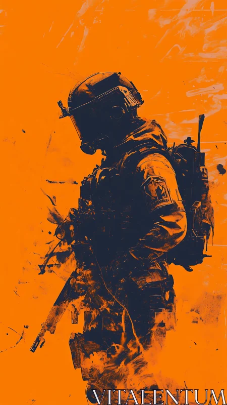 Silhouetted tactical soldier artwork on bold orange field.