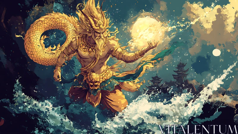 Storm crowned dragon god summons moons above raging seas.