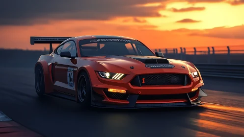 Orange GT race car on circuit track at sunset with spoiler.