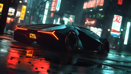 Futuristic supercar idles in neon rain on reflective streets