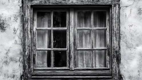 Weathered double sash window in monochrome, decayed timber frame