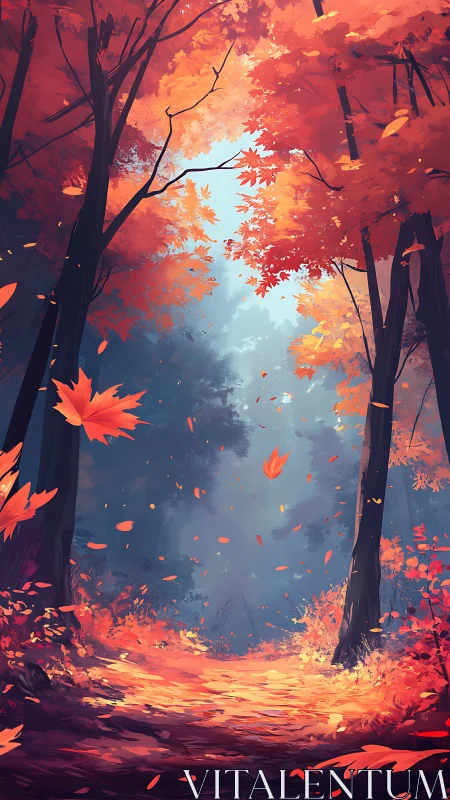 Forest pathway with autumn foliage rendered in warm color palette